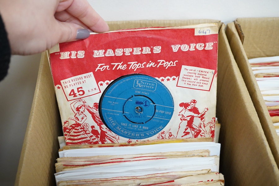 Three boxes of 7 inch singles, all on HMV record labels, artists include; Ray Charles, Manfred Mann, The Swinging Blue Jeans John Leyton, Mike Berry, Kay Starr, Tony Martin, Eddie Fisher, Don Lang, Fats Domino, Johnny Ki